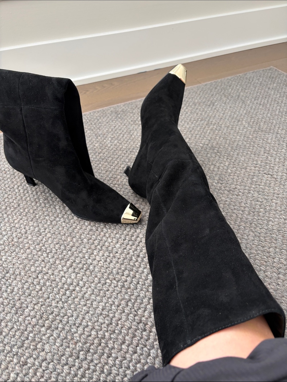 Aqua Black Suede Over-the-Knee Boots with Gold Toe Cap